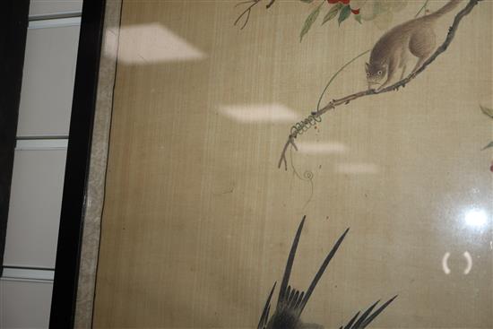 Chinese School, pair of watercolours on silk, Study of birds and a squirrel on flowering branches, signed,